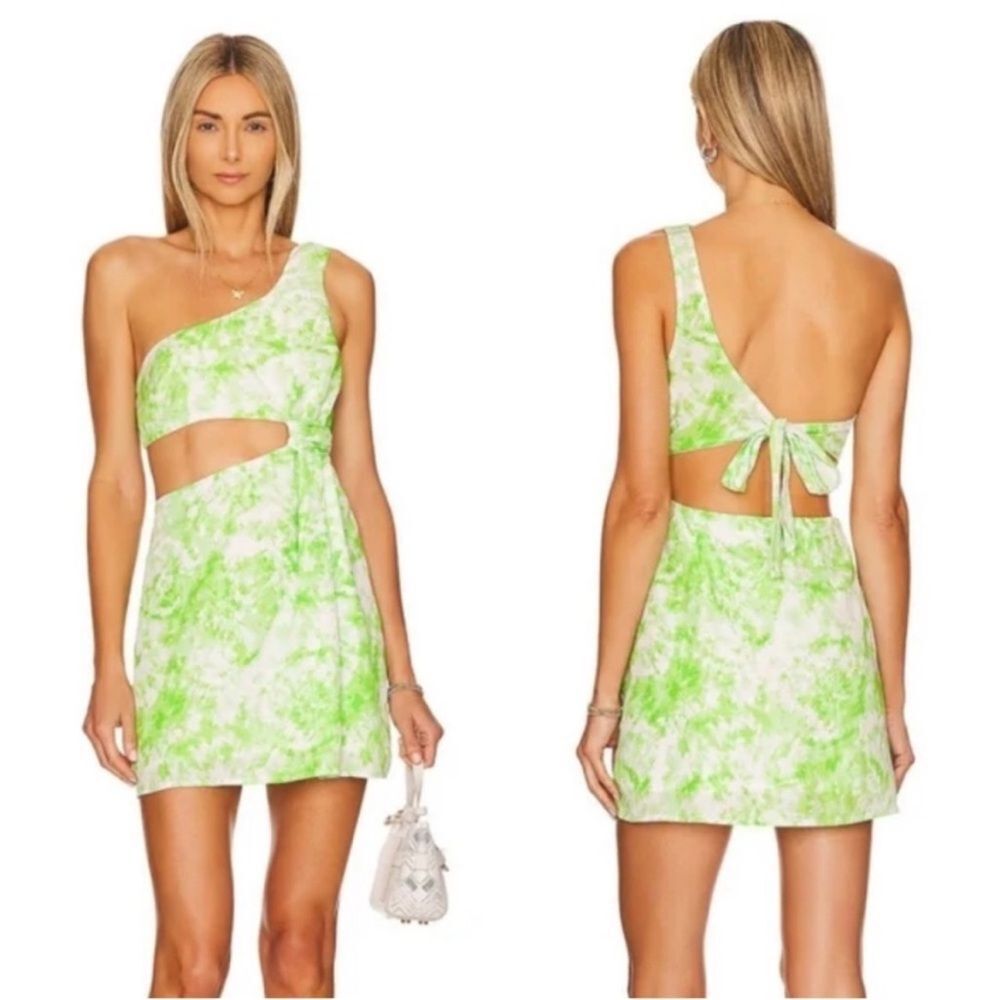 🔆 nwt For Love And Lemons Green Tie-Dye One-Shoulder Devon Mini Dress size M